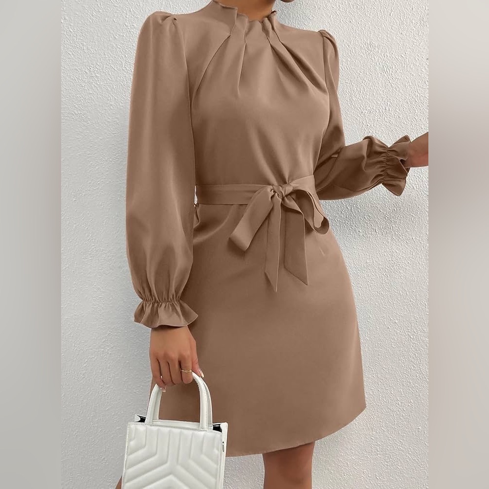 SHEIN Tan Pleated Long Sleeve Midi Dress with Tie Belt & Ruffle Detail
